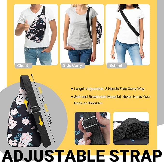 Crossbody Bags for Women, Sling Bag for Men, Small Hiking Backpack Anti Theft Lightweight for Outdoors Travel （M, Black Floral）