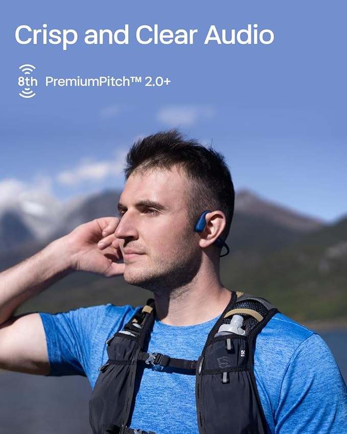 SHOKZ OpenRun with USB-C Charging - Open-Ear Bluetooth Bone Conduction Sport Headphones - Sweat Resistant Wireless Earphones for Workouts and Running - Built-in Mic, with Hair Band - Standard - Blue