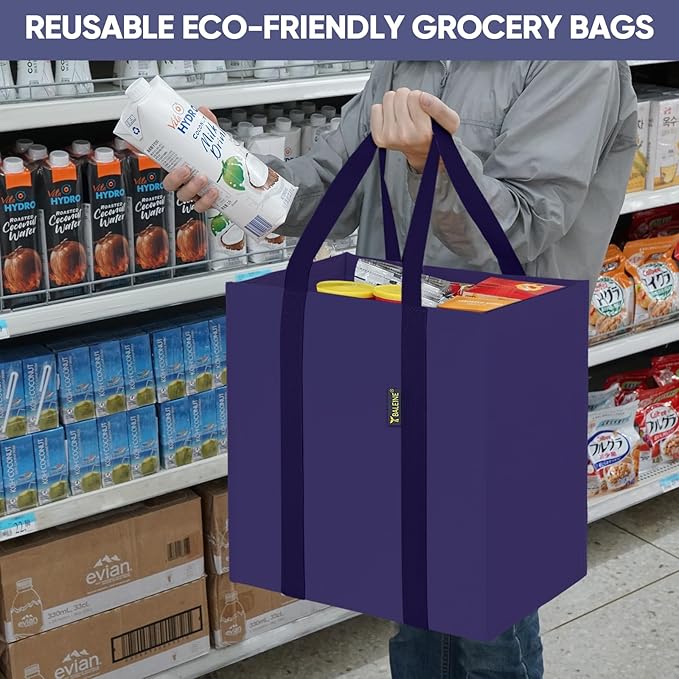 BALEINE 4 PK Grocery Bags Reusable Shopping Bags with Reinforced Bottom, Heavy Duty Foldable Tote Bags (Navy Blue)