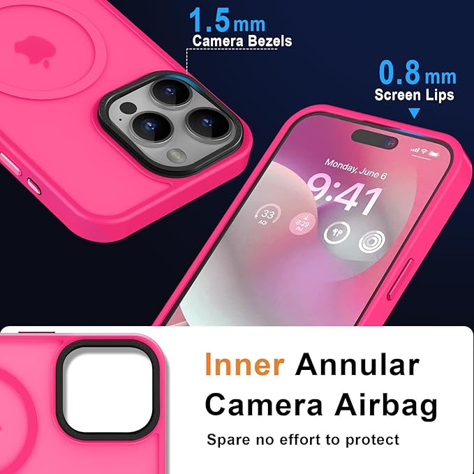 MOCCA Strong Magnetic for iPhone 15 Pro Max Case, [Compatible with Magsafe][13FT Military Drop Protection] Slim Translucent Matte Shockproof Case for iPhone 15 ProMax Case 6.7'', Hot Pink