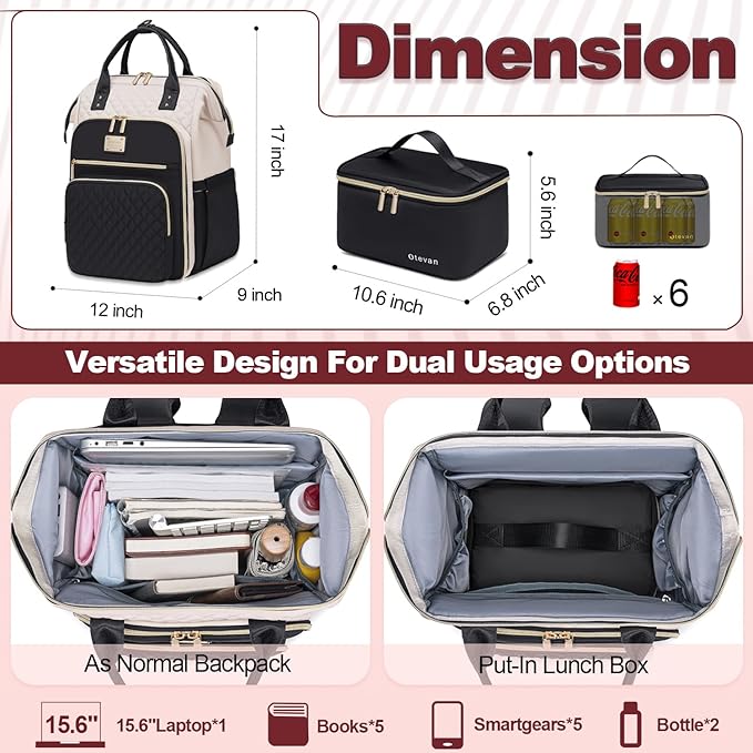 Lunch Backpack for Women, 15.6 inch Laptop Backpacks for Womens, Work Backpacks with Lunchbox,Insulated Back pack Cooler,Teacher Nurse Travel Backpack for Women