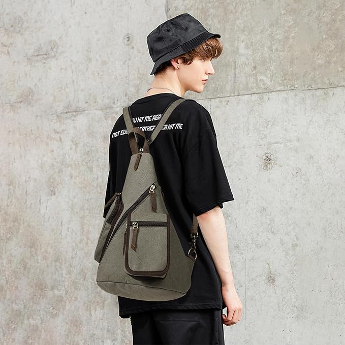 KL928 Canvas Sling Bag - Casual Crossbody Shoulder Daypack Rucksack Backpack for Men Women, Olive Green