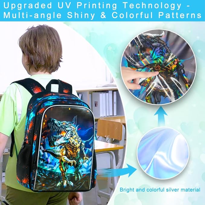 CCJPX 3PCS Kids Backpack for Boys, 16 Inch Dinosaur Water Resistant Preschool Backpacks, Kindergarten School Bookbag with Lunch Box for Toddler Travel