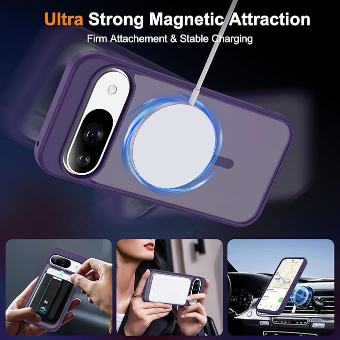 Compatible with Google Pixel 9 Case & Google Pixel 9 Pro Case with Magnetic [Compatible with Mag-Safe] Slim Translucent Matte Phone Cases with Anti-Fingerprint Tech, Purple
