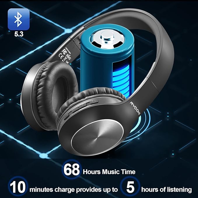 Bluetooth Headphones Over Ear, 68H Playtime and 3 EQ Music Modes Wireless Headphones with Microphone/Deep Bass, HiFi Stereo Foldable Lightweight Headset for PC Home Travel Office （Black