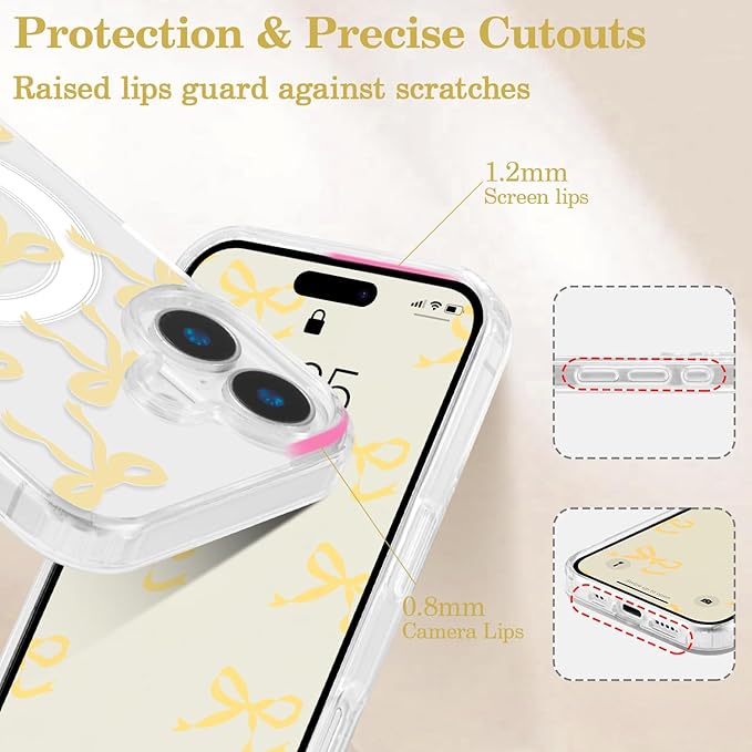 UEEBAI Magnetic for iPhone 16 Plus Case, Bow Case Compatible with MagSafe, Wireless Slim Clear Ribbon Aesthetic Phone Cover Anti-Yellowing Shockproof Protective Cover for Women Girl - Yellow