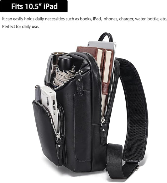 LANNSYNE Full Grain Leather Sling Bag For Men, Crossbody Chest Daypack Fits 10.5" iPad, Men’s Crossbody Bag