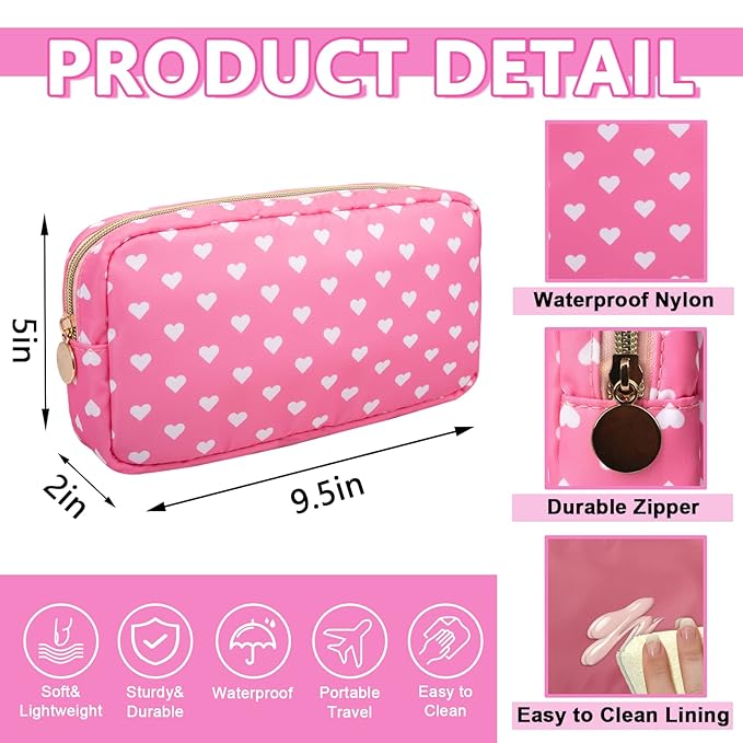 Small Makeup Pouch for Purse，Nylon Travel Toiletry Storage Cute Preppy Cosmetic Bag for Women Girls，Waterproof Makeup Organizer Pouch Skincare Purse with Zipper (Small-Pink Heart)