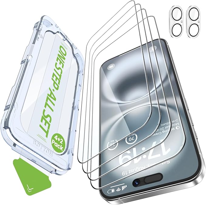 iGluz 4 Pack for iPhone 16 Screen Protector with 2-Pack Camera Lens Protector[99.99% HD Clear][9H Tempered Glass][Bubble Free][Easy Installation][Smooth Touch][Anti-fingerprint],4+2 Dual Protection