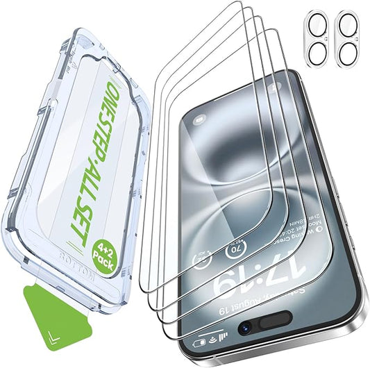 iGluz 4 Pack for iPhone 16 Screen Protector with 2-Pack Camera Lens Protector[99.99% HD Clear][9H Tempered Glass][Bubble Free][Easy Installation][Smooth Touch][Anti-fingerprint],4+2 Dual Protection