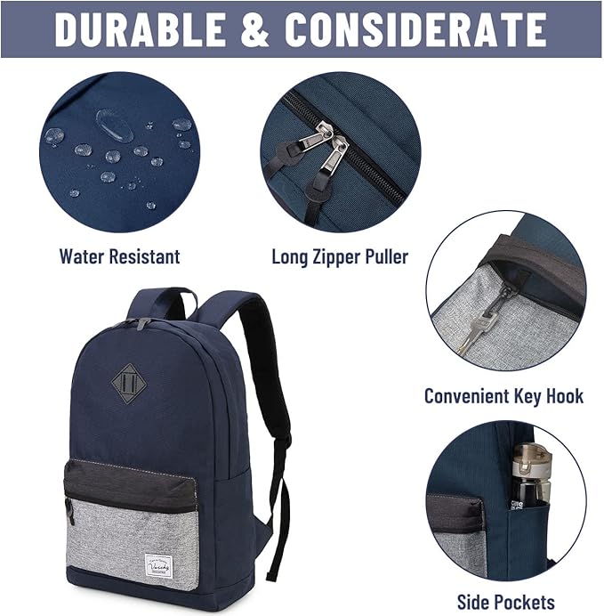 VASCHY Backpack for Men Women, Water-Resistant School Backpack Bookbag Schoolbag Casual Daypack Work Navy