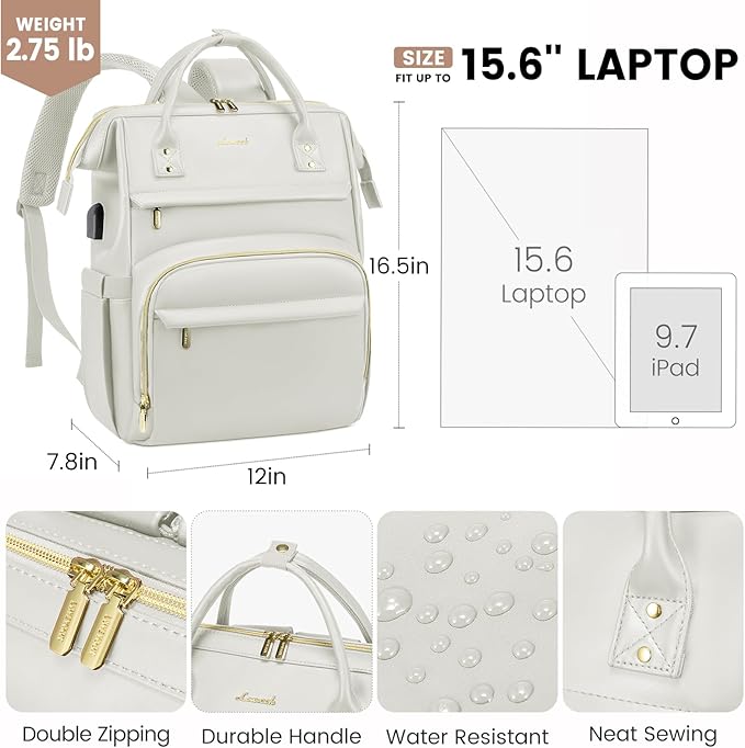 LOVEVOOK Leather Laptop Backpack for Women 15.6 inch,Travel Backpack Purse Nurse Teacher Backpacks Computer Laptop Bag,Professional College Business Work Carry On Backpack with USB Port,Beige White