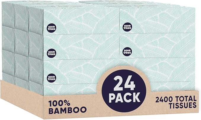 Save Trees Bamboo Facial Tissues -24 Boxes- Bamboo Tissue Boxes, 90 Hypoallergenic Facial Tissues per Box - Unscented, Fragrance-Free, Eco-Friendly Tissues in Plastic-Free Packaging