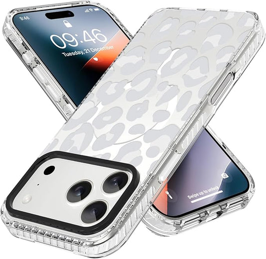 ZIYE Clear Case for iPhone 17 Pro Compatible with Magsafe, White Leopard Design Shockproof Soft TPU Bumper Hard PC Protective for Women Girls Magnetic Cover