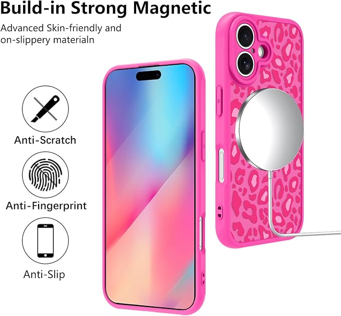 KANGHAR Case for iPhone 16 Plus Hot Pink Leopard Printed Pattern Cute Cheetah [Compatible with Magsafe] Protective Magnetic Case for Girls Women 6.7"