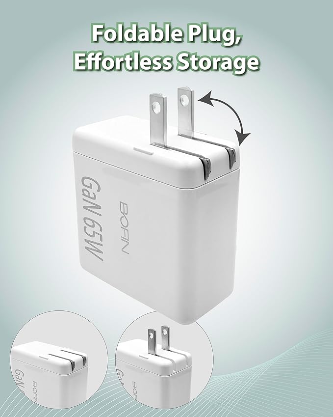 65W Foldable Plug Fast Charging Dual USB-C + USB-A Wall Charger with 6FT USB-C to UCB-C Cable, AC100~240V Input, Wall Charger Compatible with MacBook Pro/Air, Laptops, Tablets, iPhone