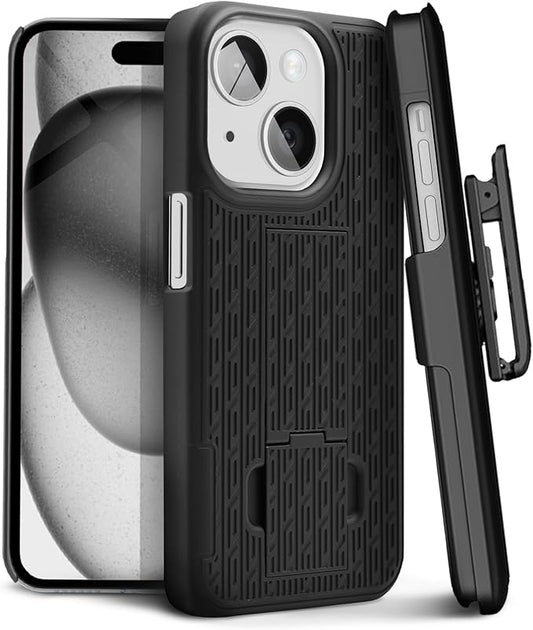 MOTIVE for iPhone 15 Plus Case with Belt Clip, Shell Holster Combo for Apple iPhone 15 Plus Holster, Slim Rugged Case, Drop Shockproof Protective Cover & Kickstand, 6.7 inch | Black