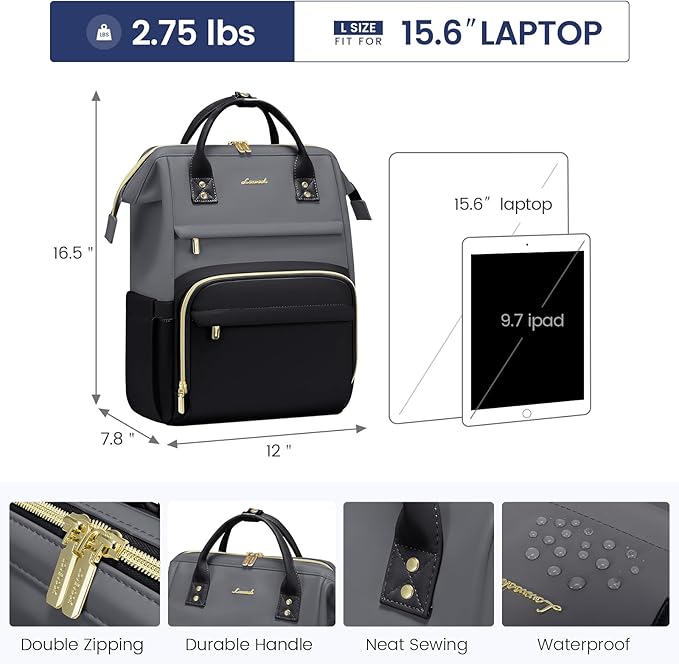 LOVEVOOK Leather Backpack for Women,15.6 inch Leather Laptop Backpacks Women,Professional Work Backpacks Nurse College Teacher Bag,Womens Laptop Bag Computer Travel Backpack Purse,Smoky Gray-Black