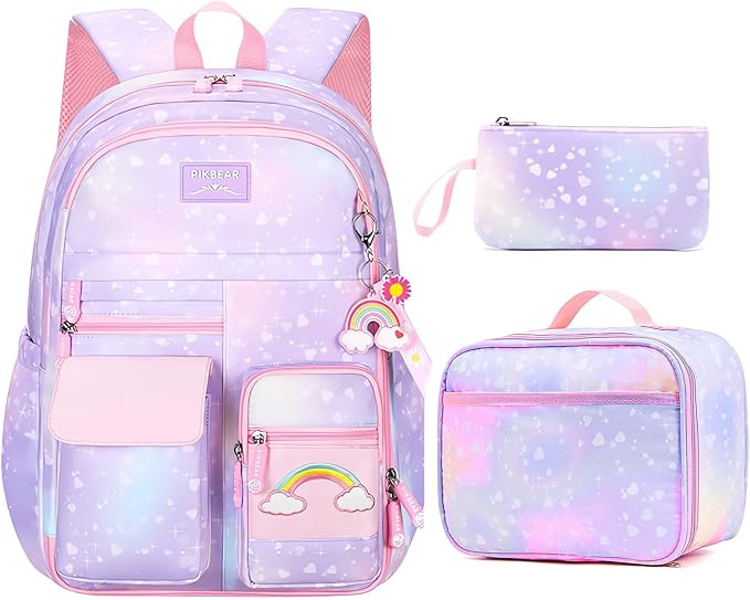 Girl Backpack for School Kids, Pink Cute Bookbag with Lunch Box Rainbow Elementary School Bag Pencil Case (Purple,3Pcs Set)