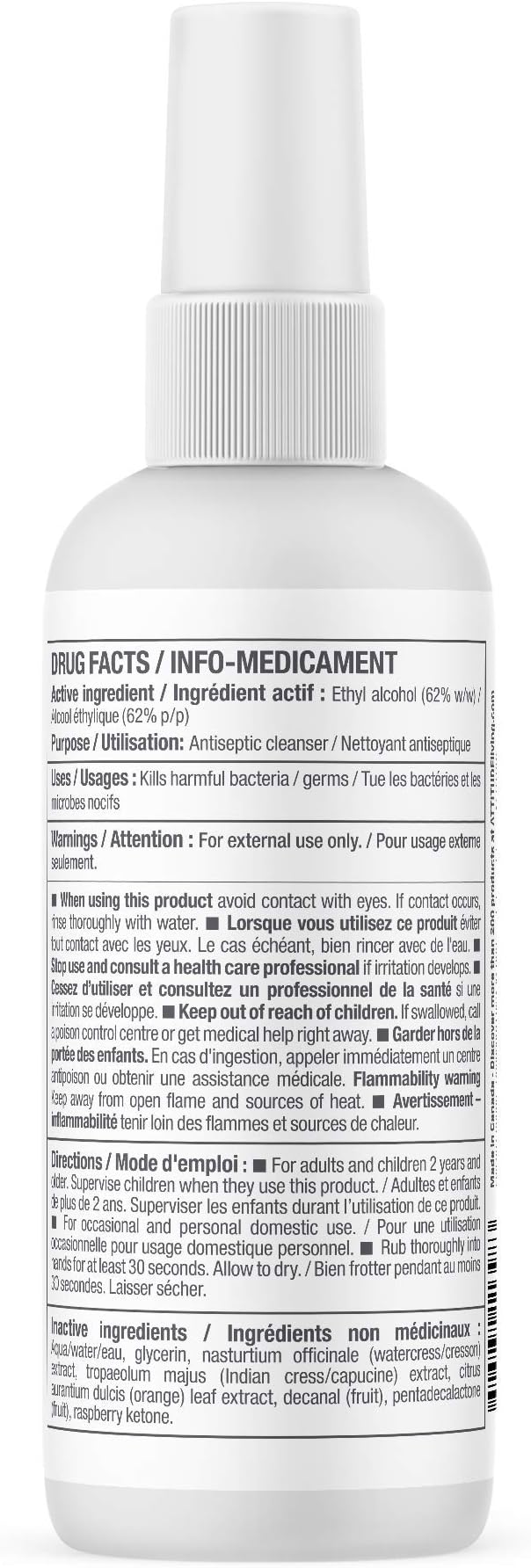 ATTITUDE Hand Sanitizer Spray, EWG Verified, Kills Germs & Bacteria, Vegan & Plant-Based, Safe for Adults & Kids, Orange Leaves Scent, 3.38 Fl Oz (Pack of 6) (Spray Bottle)