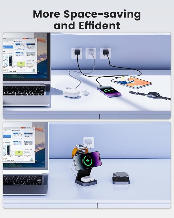 3-in-1 Wireless Charger for iPhone,15W Fast Wireless Charging Station Compatible with Mag-Safe Charger,Magnetic Foldable Travel Charger Stand Nightstand for iPhone 16/15/14/13/12,Apple Watch&AirPods