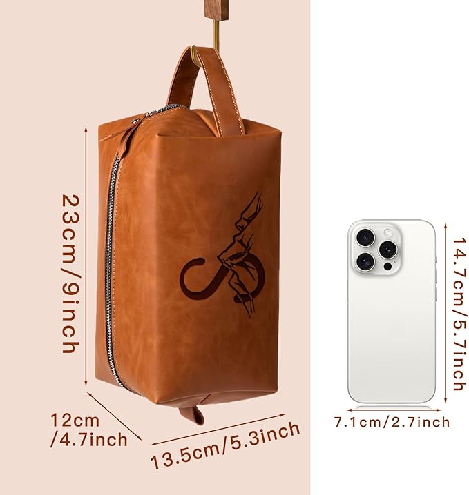 Personalized Gifts Travel Toiletry Bag for Men Engraved Initial PU Leather Waterproof Shaving Bag for Toiletries Accessories Fathers Day Birthday Gift for Men Dad Husband Son, Light Brown W