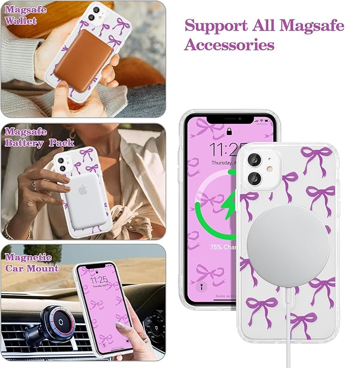 UEEBAI Magnetic for iPhone 11 Case, Bow Case Compatible with MagSafe, Wireless Slim Clear Ribbon Aesthetic Phone Cover Anti-Yellowing Shockproof Protective Cover for Women Girl - Purple