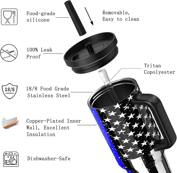 TILUCK 40 oz Tumbler with Handle, Vacuum Insulated Stainless Steel Travel Mug with 100% Leak-Proof Silicone Straw Lid, Cupholder Friendly Water Bottle(BlackFlag, 40oz)
