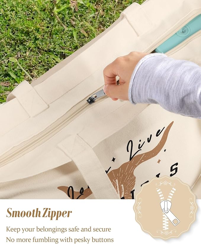 Large Tote Bag for Women - Canvas Tote Bag with Zipper Aesthetic Reusable Shoulder Bag for Gym, Travel, Work