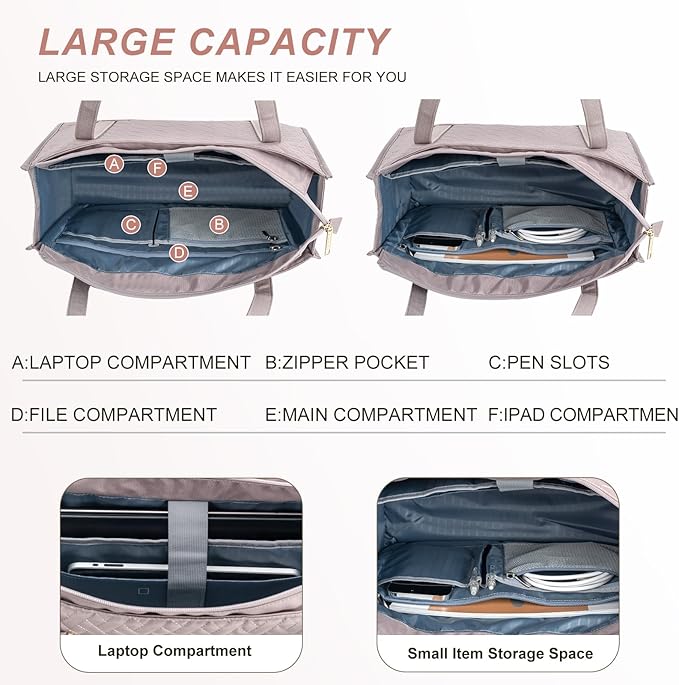 EMPSIGN Laptop Tote Bag for Women 16 Inch, Stylish Computer Shoulder Tote Bag for Work, Large Capacity Quilted Laptop Briefcase, Waterproof Women Business Office Bag, Quilted Grey Pink