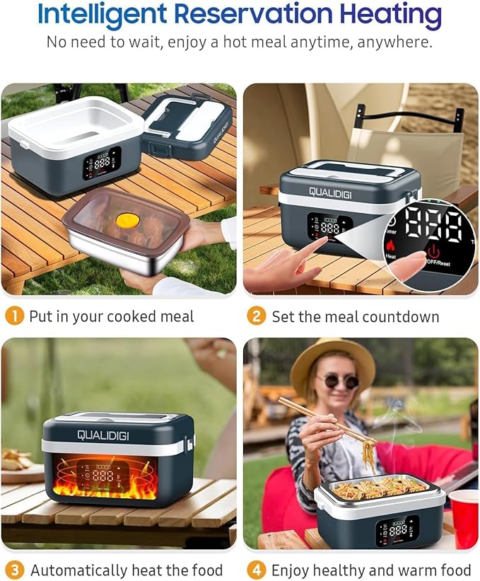 Cordless Electric Lunch Box for Adults, Rechargeable 16000mAh Battery Powered, 60W Self Heating Lunch Box with Smart Reservation and Keep Warm Function for Car/Truck/Office/Travel