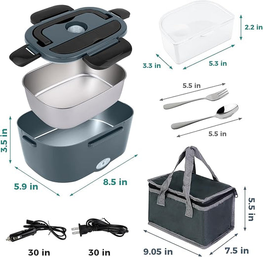 80W Electric Lunch Box for Car & Truck,12V/24V/110V Green Portable Warmer with 304 Stainless Steel Container,Ideal for Drivers & Office