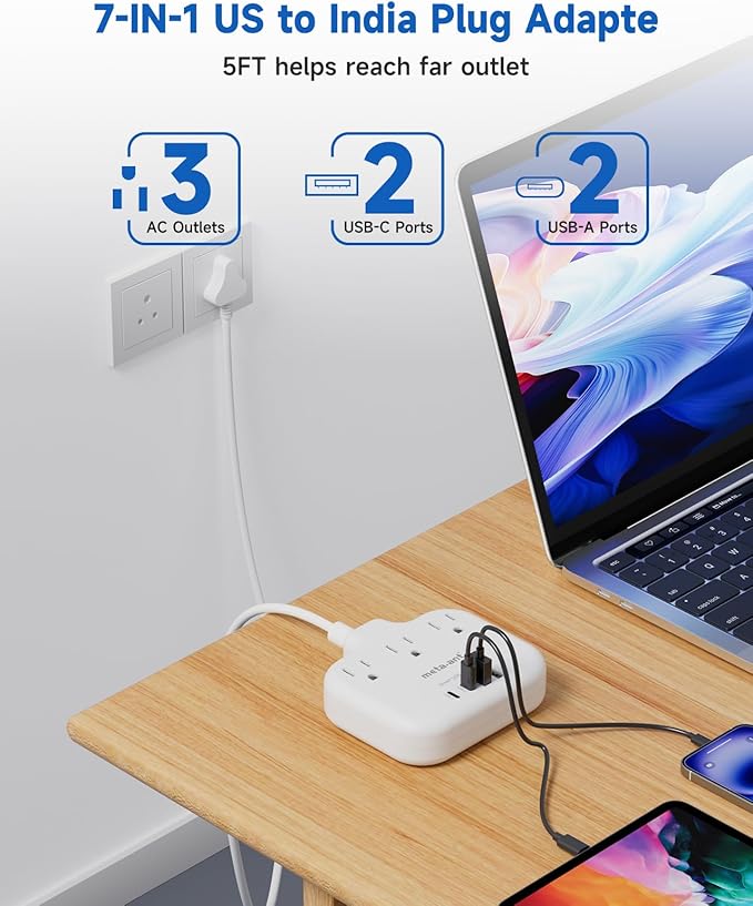US to India Plug Adapter, meta-ant India Power Adapter with 3 American Outlets 4 USB Charger Ports(2 USB C), 5FT India Extension Cord, Type D Travel Adapter for USA to India Bangladesh Maldives Nepal