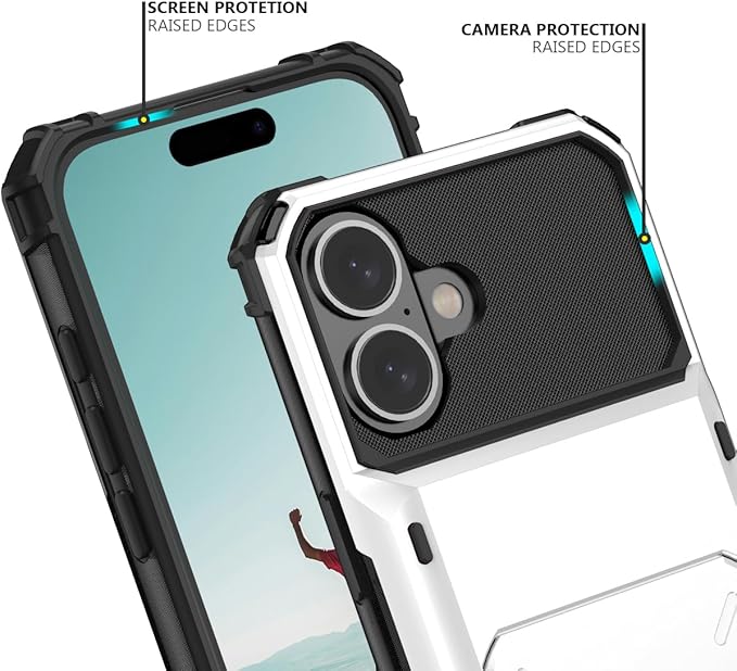 Nvollnoe Compatible with iPhone 16 Case with Card Holder[Store 5 Cards] Dual Layer Heavy Duty Shockproof Wallet Case with Hidden Card Slot Large Storage Cover for Men&Women 6.1''(White)