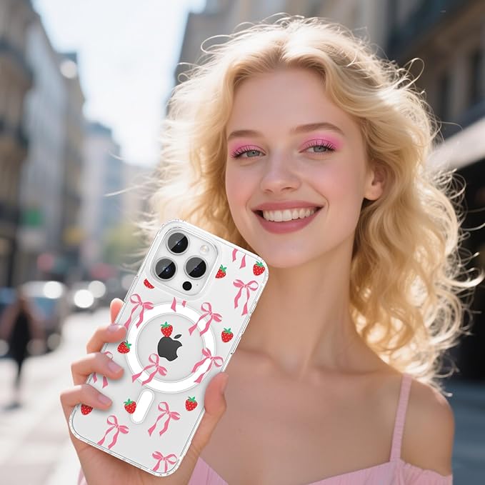 ZTOFERA for iPhone 13 Pro Magnetic Case Clear,Cute Love Heart Ribbon Bow Tie Aesthetic Phone Case,Transparent Trendy Slim Soft Shockproof Protective Phone Cover for Women Girls,Blush