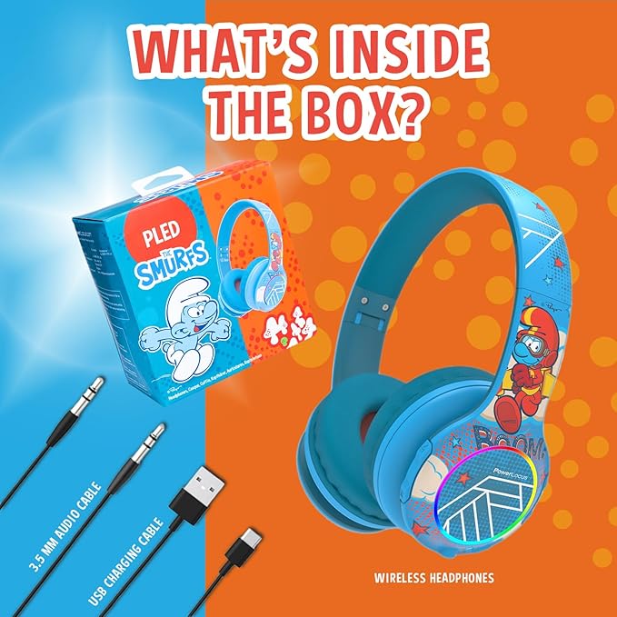 PowerLocus The Smurfs Kids Headphones, Bluetooth Headphones Over Ear for Kids with LED Lights, 74/85/94dB Volume Limited, Micro SD/TF, Foldable with Hi-Fi Stereo, Built-in Mic for School/Tablet/Travel