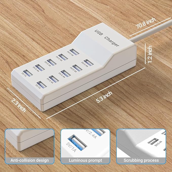 Charging Station - 10-Port USB Charging Hub, Smart Multi-Port Charger, 70.8-Inch Extension Cable, Compatible with Various Devices, Phones, Cameras, Bluetooth Headsets, Tablets, etc. (2 Piece)