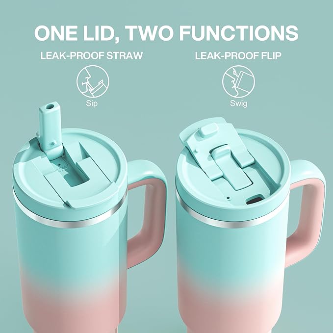 40 oz Tumbler with Handle and Straw: Stainless Steel Insulated Tumbler Keeps Cold for 24 Hours, Leakproof Travel Cup Fits in Cup Holder and BPA-Free, Cherry Blossom