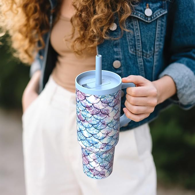 TILUCK 40 oz Tumbler with Handle, Vacuum Insulated Stainless Steel Travel Mug with 100% Leak-Proof Silicone Straw Lid, Cupholder Friendly Water Bottle(FishScales, 40oz)