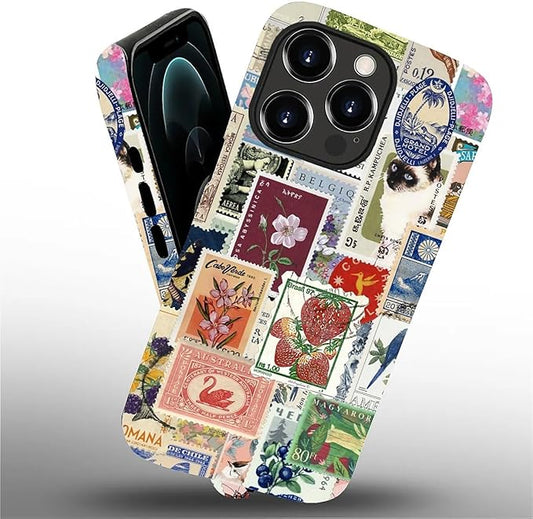 Case for iPhone 12/12 Pro,Vintage Stamp Collage for Woman Men Full Body Protective Cover Shockproof 2 in 1 Silicone + Hard PC Case for iPhone 12/12 Pro