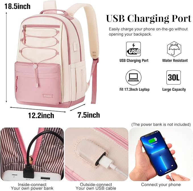 School Backpack for Teens Girls, Aesthetic College Backpack Large Bookbag for Women Students Fashion 15.6 Inch Laptop Bag for Work Travel (Pink Beige)