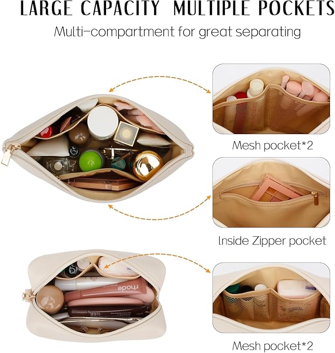 Women Gifts | Initial Makeup Bag Set for Girl Personalized Gifts for Bridesmaid Friend Graduation Teachers PU Leather Cosmetic Travel Toiletry Bag(Beige,L)