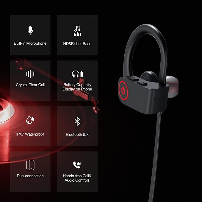 Boean Wireless Sport Headphones with IPX7 Waterproof Bluetooth V5.3, HD Bass+ Sound, 15H Playtime, Sound Isolation