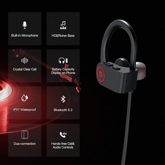 Boean Wireless Sport Headphones with IPX7 Waterproof Bluetooth V5.3, HD Bass+ Sound, 15H Playtime, Sound Isolation