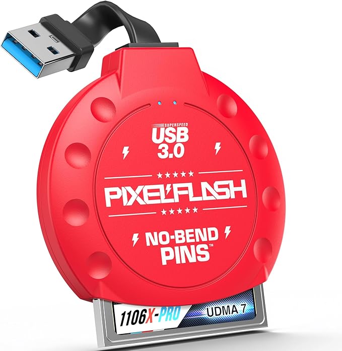 PixelFlash CF Card Reader (Red) - Compact Flash Memory Card Adapter with Cabled USB 3.0, 5GB/s File Transfer, No-Bend Pins, Supports UDMA-7, Anti-Slip & Anti-Scratch, Compatible to Most Brands & OS