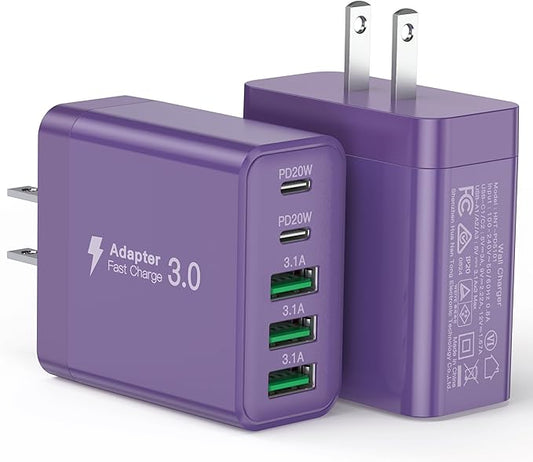 [2-Pack] USB C Wall Charger, 50W Fast USB C Charger Block, 5-Port PD Power Adapter + QC Wall Plug Multiport Type C Charging Block Cube Compatible with iPhone 16 15 14 13 12 11 Pro Max XR XS, Purple