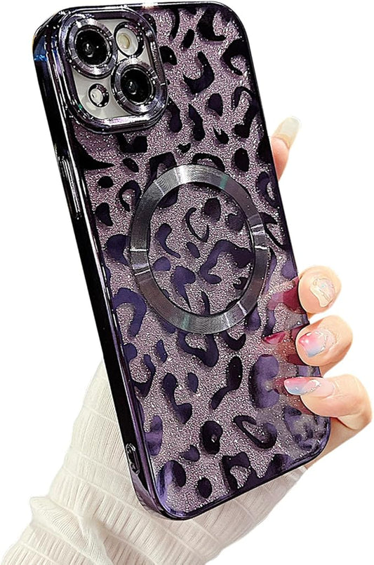 for iPhone 14 Case Magnetic,Soft Cute Luxury Leopard Cheetah Pattern Plating Glitter Bling Phone Case Compatible with MagSafe Clear Shockproof Back Cover for Women Girl 6.1"-Purple