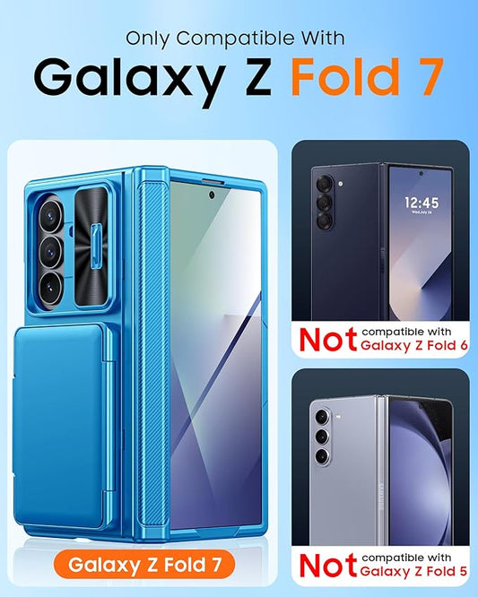 CENMASO for Samsung Galaxy Z Fold 7 Case with Card Holder [RFID Blocking] Camera Cover, Hinge Protection, Hidden Kickstand, Screen Protector, Slim Shockproof Phone Case for Galaxy Z Fold 7-Lake Blue