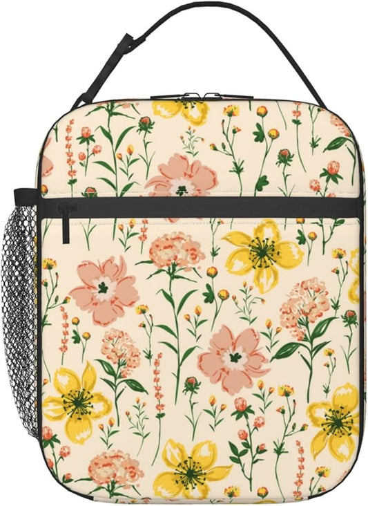 Insulated Lunch Box for Women Kids Floral Lunch Box for Work,Picnic,School,Travel,Hiking,Beach or Fishing Polyester Wild Flower Meadow Floral Theme Lunch Bag