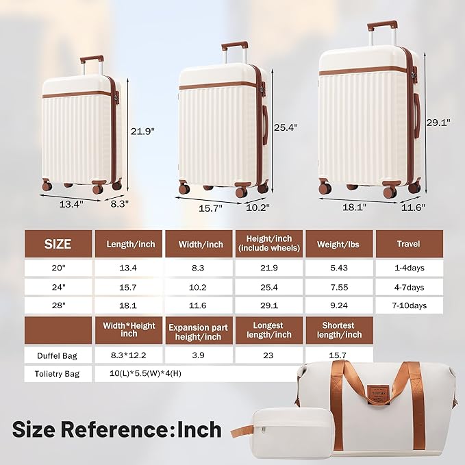 Merax Luggage Sets 3 Piece, Durable Hardshell Suitcase with Double Spinner Wheels and Handle Bags,Lightweight Carry on Luggage with TSA Lock,20+24+28,White and Brown